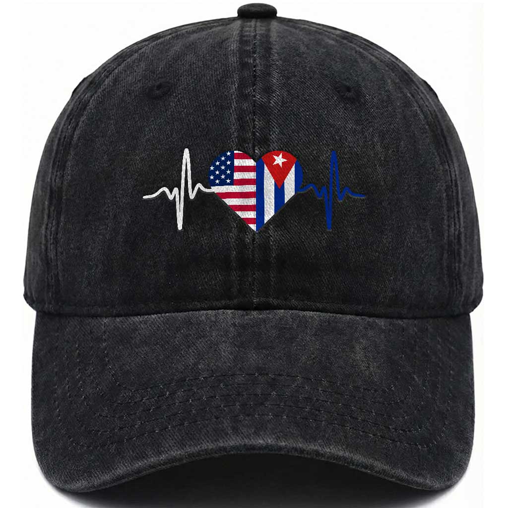Heartbeat Cuba USA Washed Cotton Baseball Cap Cuban American Pride