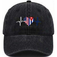 Heartbeat Cuba USA Washed Cotton Baseball Cap Cuban American Pride