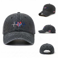 Heartbeat Cuba USA Washed Cotton Baseball Cap Cuban American Pride