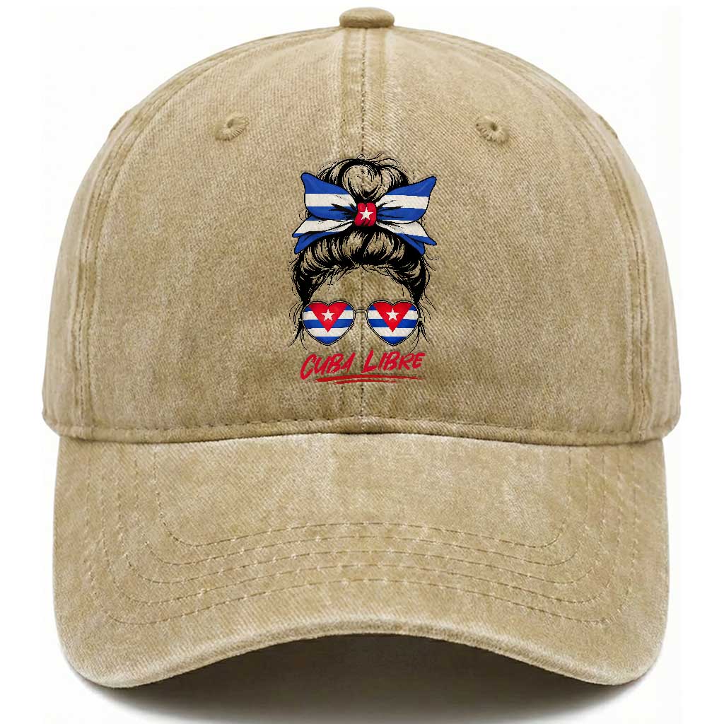 Cuba Libre Washed Cotton Baseball Cap Messy Bun Cuban Woman Sunglasses