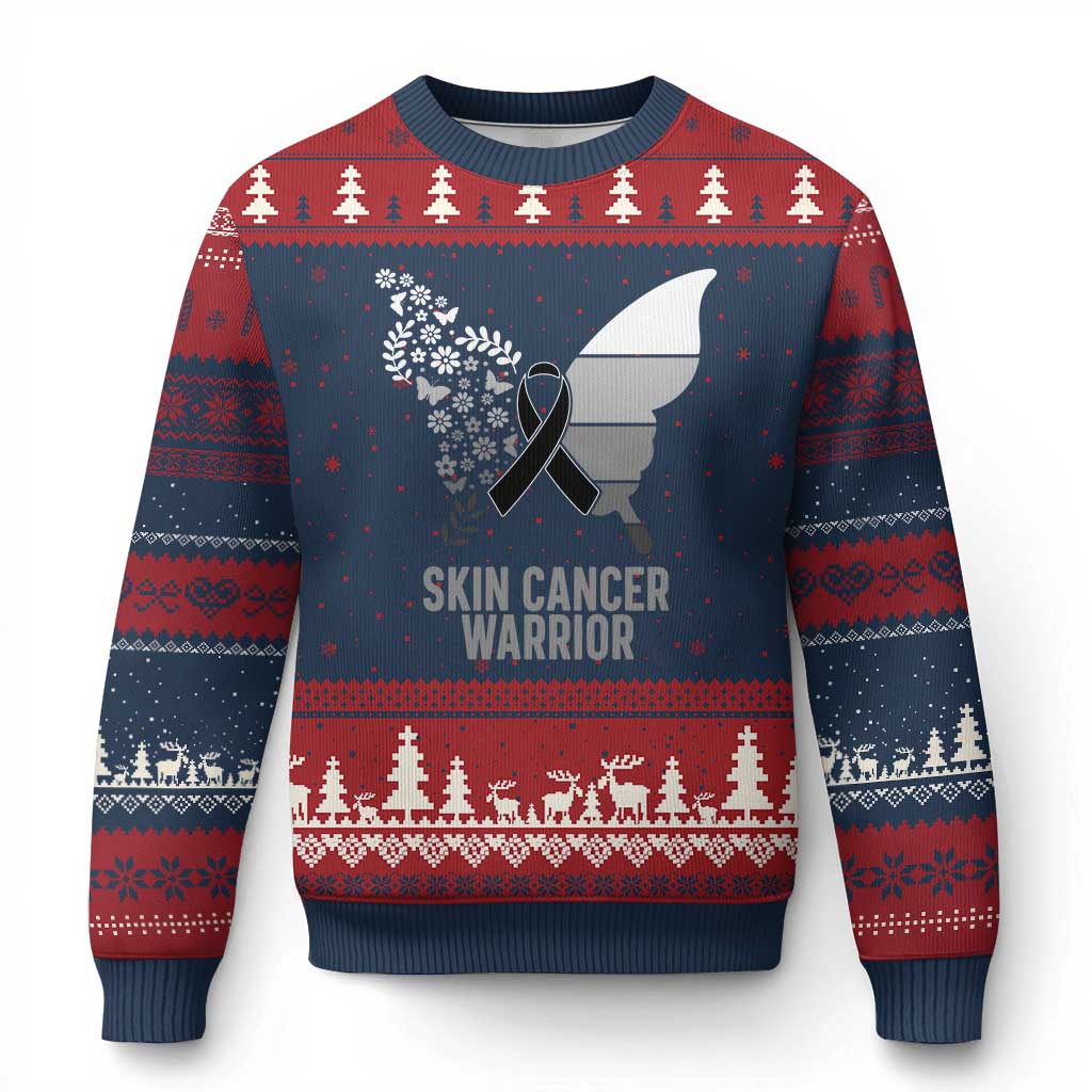 Floral Butterfly Melanoma Awarenes Ugly Christmas Sweater Black Ribbon Warrior Support Gift