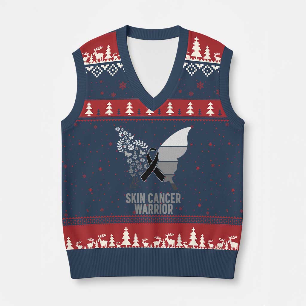 Floral Butterfly Melanoma Awarenes V-Neck Knit Sweater Vest Black Ribbon Warrior Support Gift