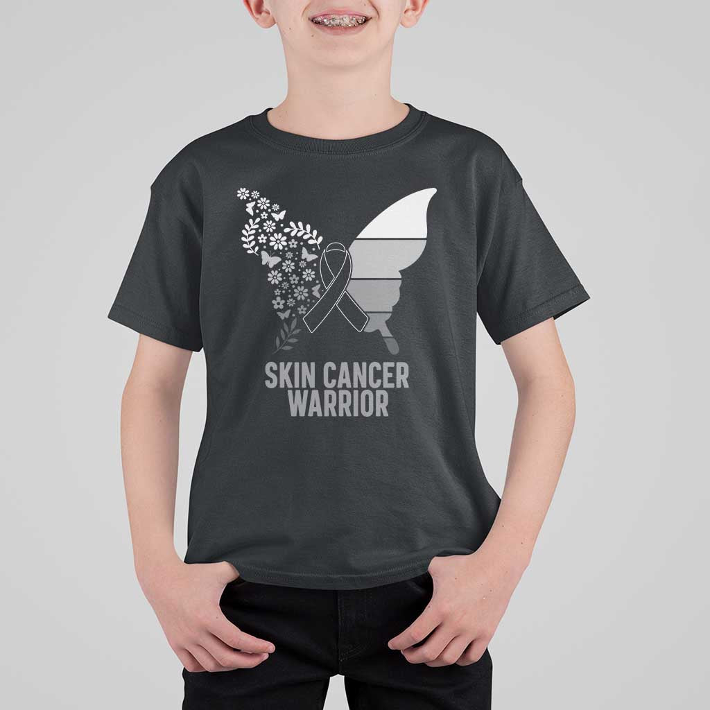 Floral Butterfly Melanoma Awarenes T Shirt For Kid Black Ribbon Warrior Support Gift