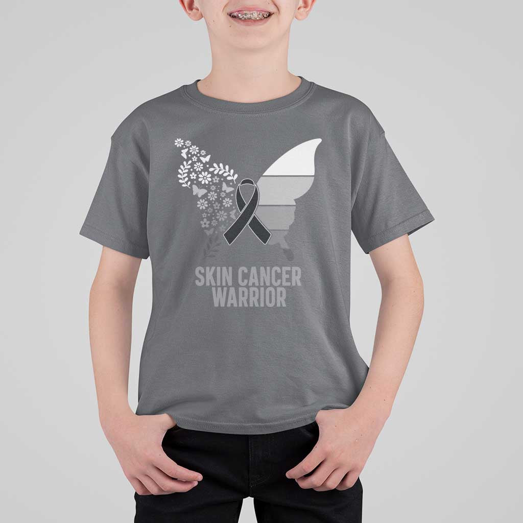 Floral Butterfly Melanoma Awarenes T Shirt For Kid Black Ribbon Warrior Support Gift