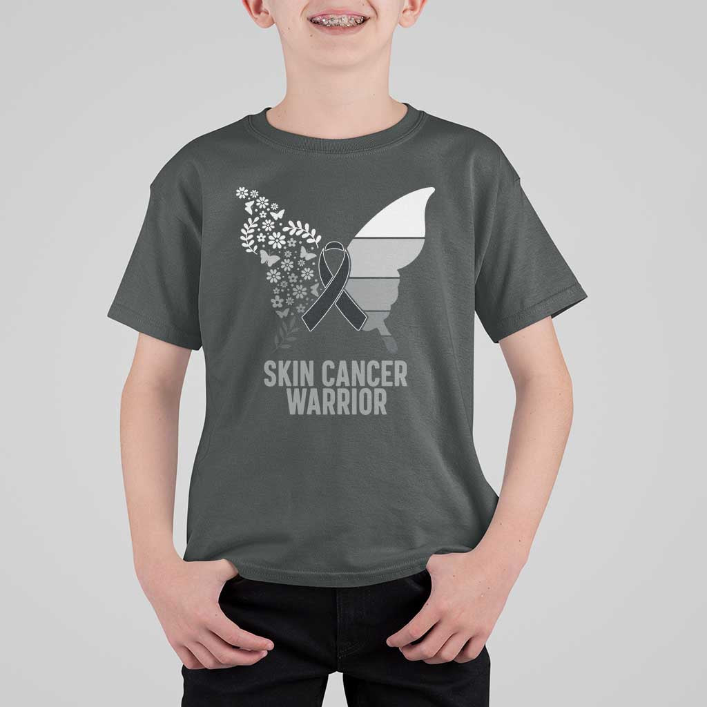 Floral Butterfly Melanoma Awarenes T Shirt For Kid Black Ribbon Warrior Support Gift