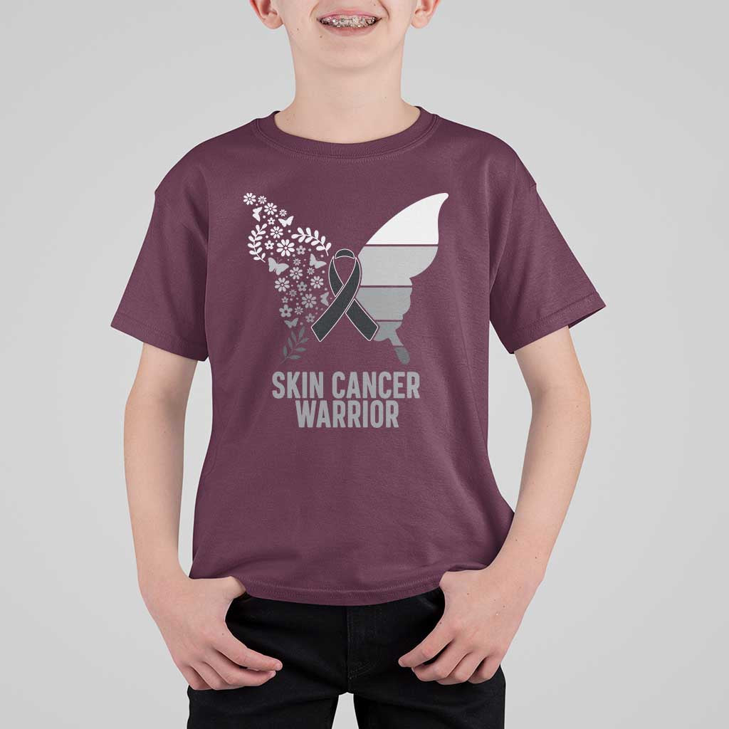 Floral Butterfly Melanoma Awarenes T Shirt For Kid Black Ribbon Warrior Support Gift