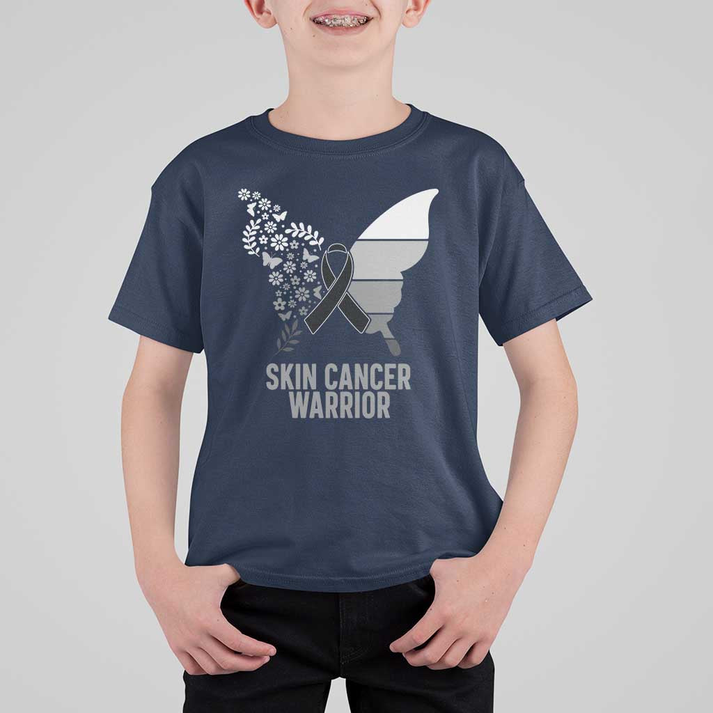 Floral Butterfly Melanoma Awarenes T Shirt For Kid Black Ribbon Warrior Support Gift