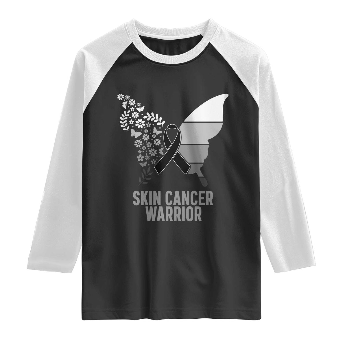 Floral Butterfly Melanoma Awarenes Raglan Shirt Black Ribbon Warrior Support Gift