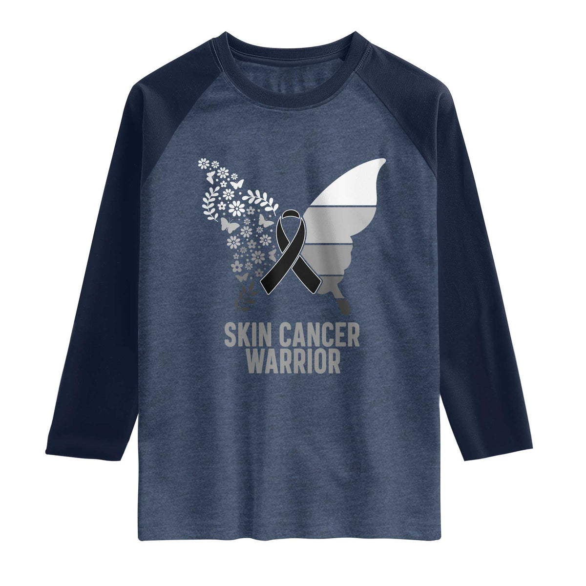 Floral Butterfly Melanoma Awarenes Raglan Shirt Black Ribbon Warrior Support Gift