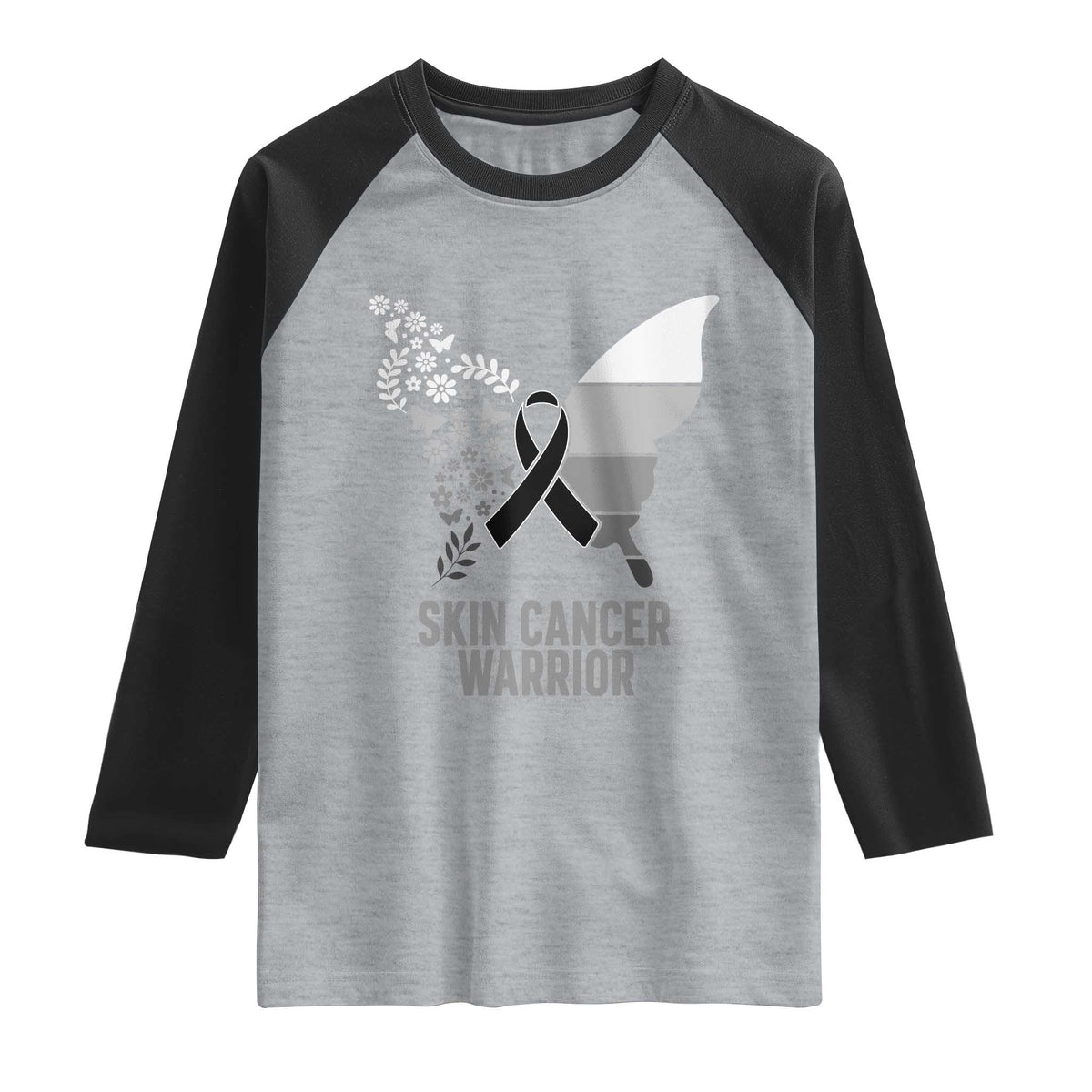 Floral Butterfly Melanoma Awarenes Raglan Shirt Black Ribbon Warrior Support Gift