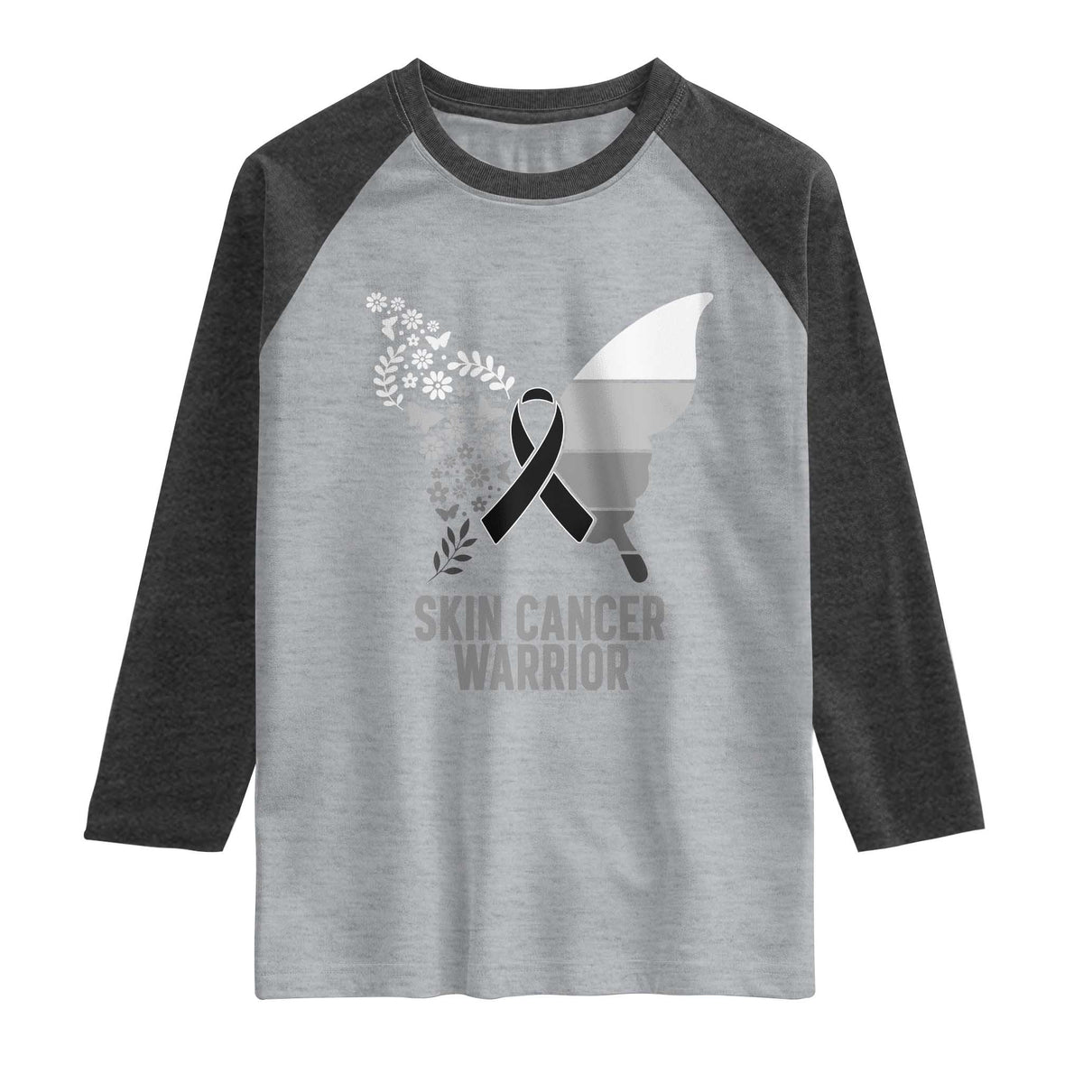 Floral Butterfly Melanoma Awarenes Raglan Shirt Black Ribbon Warrior Support Gift