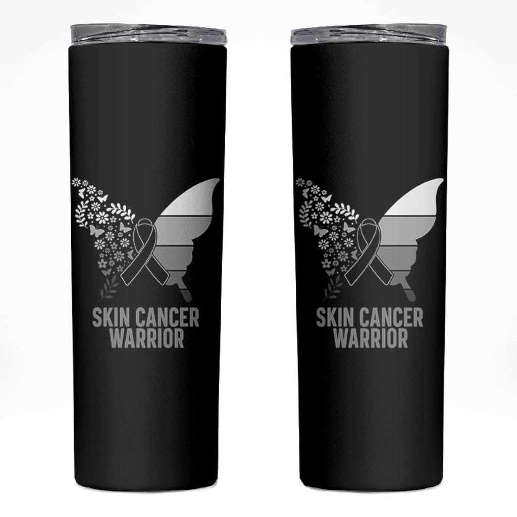 Floral Butterfly Melanoma Awarenes Skinny Tumbler Black Ribbon Warrior Support Gift
