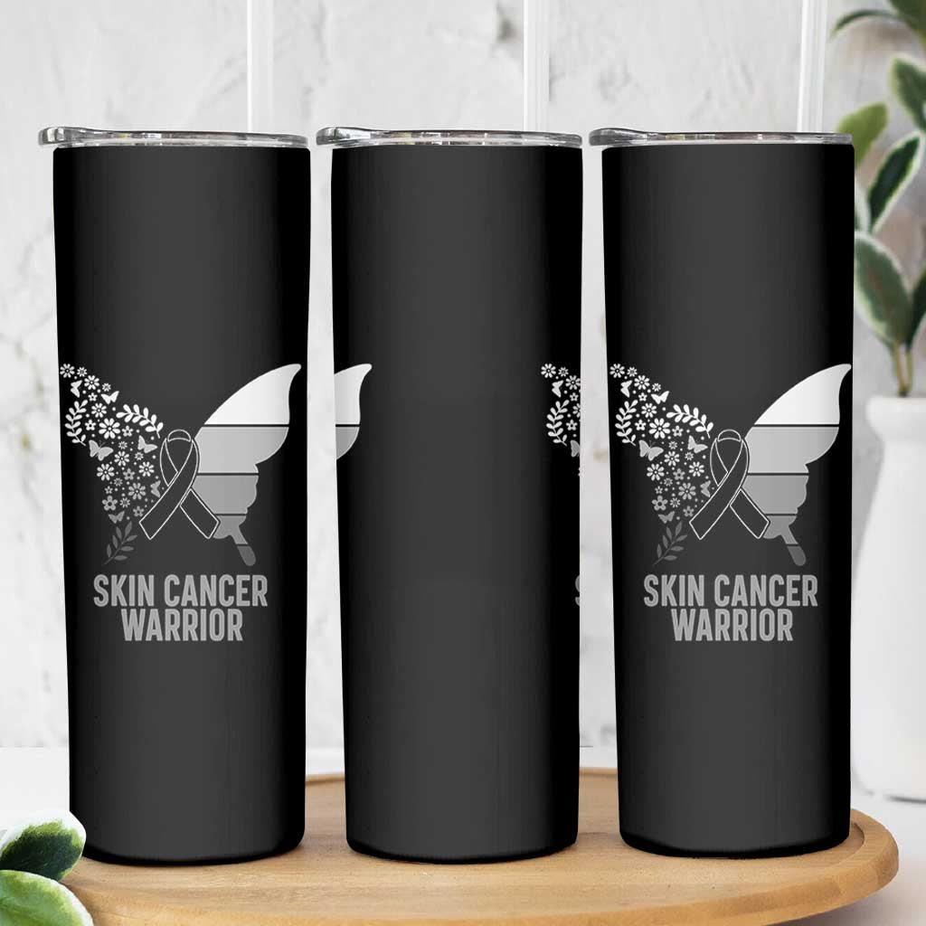 Floral Butterfly Melanoma Awarenes Skinny Tumbler Black Ribbon Warrior Support Gift