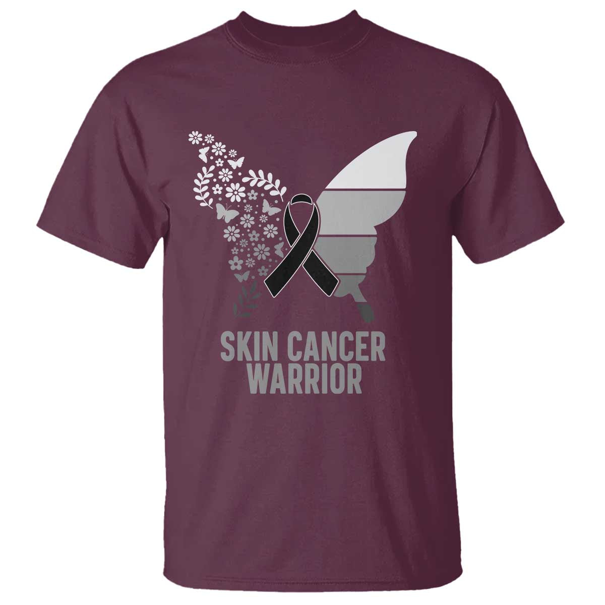 Floral Butterfly Melanoma Awarenes T Shirt Black Ribbon Warrior Support Gift
