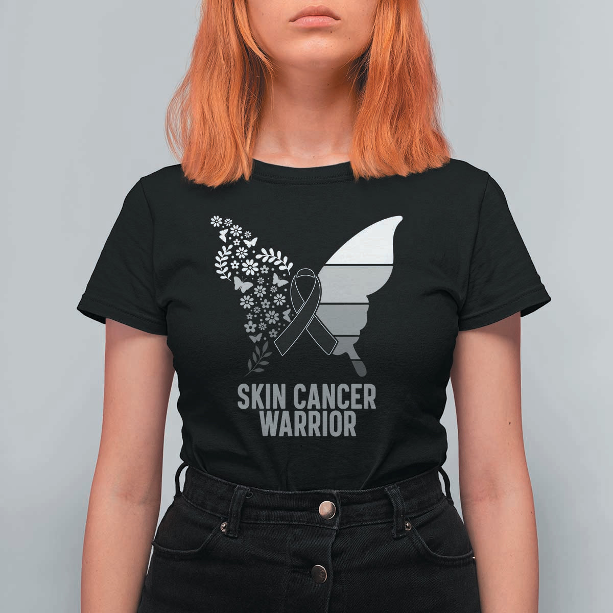 Floral Butterfly Melanoma Awarenes T Shirt For Women Black Ribbon Warrior Support Gift