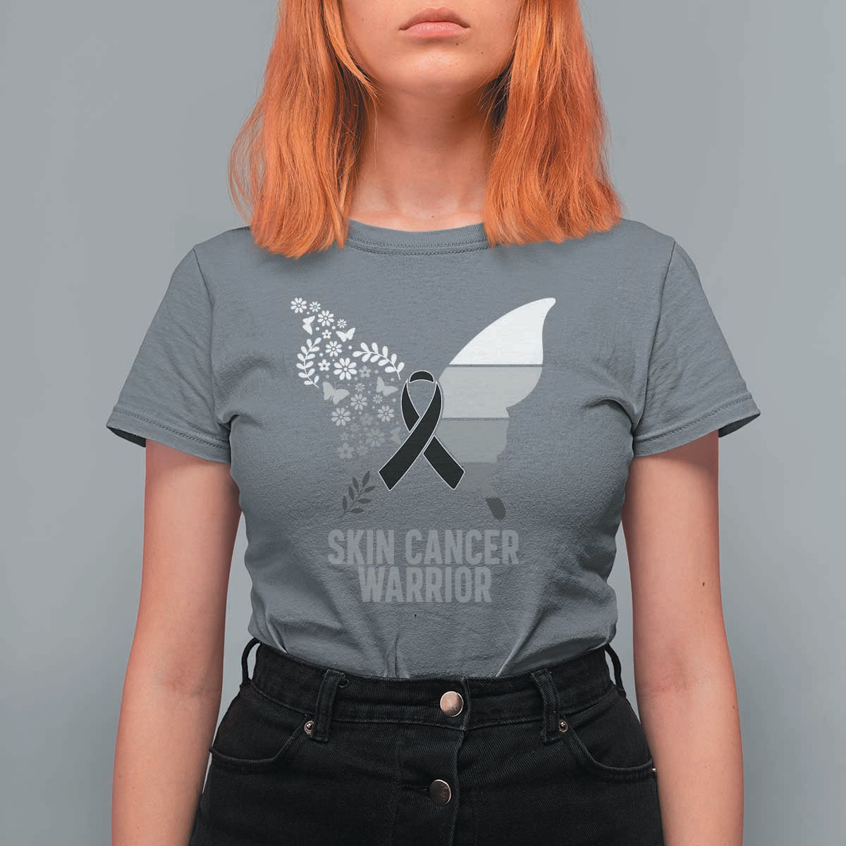 Floral Butterfly Melanoma Awarenes T Shirt For Women Black Ribbon Warrior Support Gift