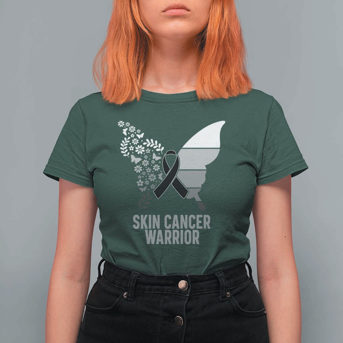 Floral Butterfly Melanoma Awarenes T Shirt For Women Black Ribbon Warrior Support Gift