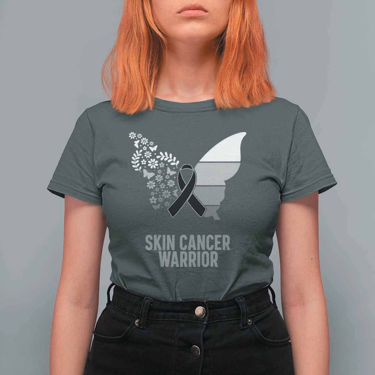 Floral Butterfly Melanoma Awarenes T Shirt For Women Black Ribbon Warrior Support Gift