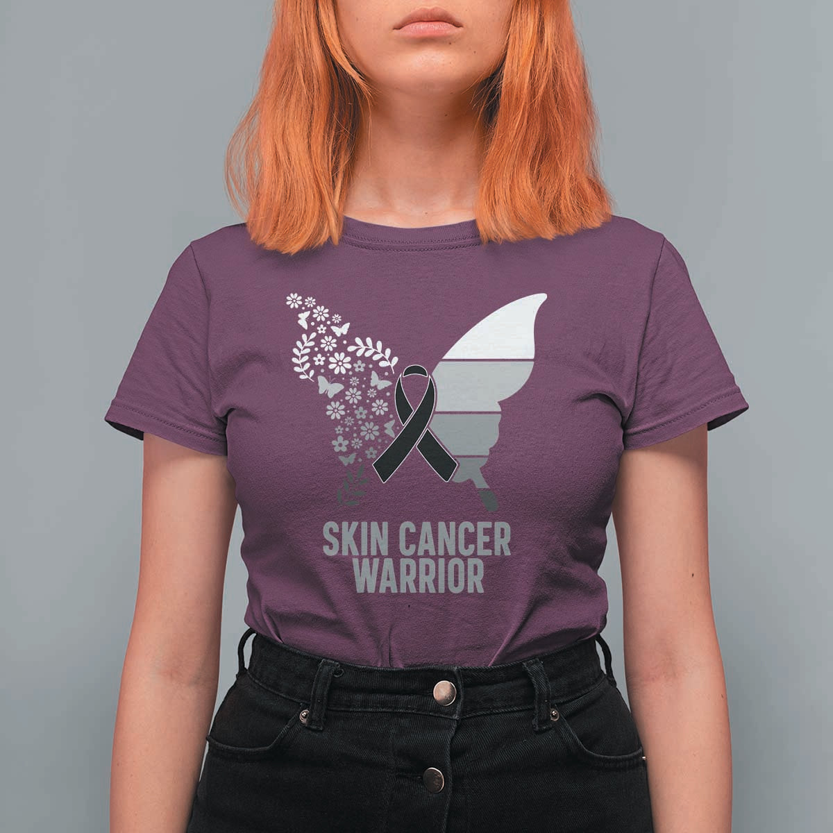 Floral Butterfly Melanoma Awarenes T Shirt For Women Black Ribbon Warrior Support Gift