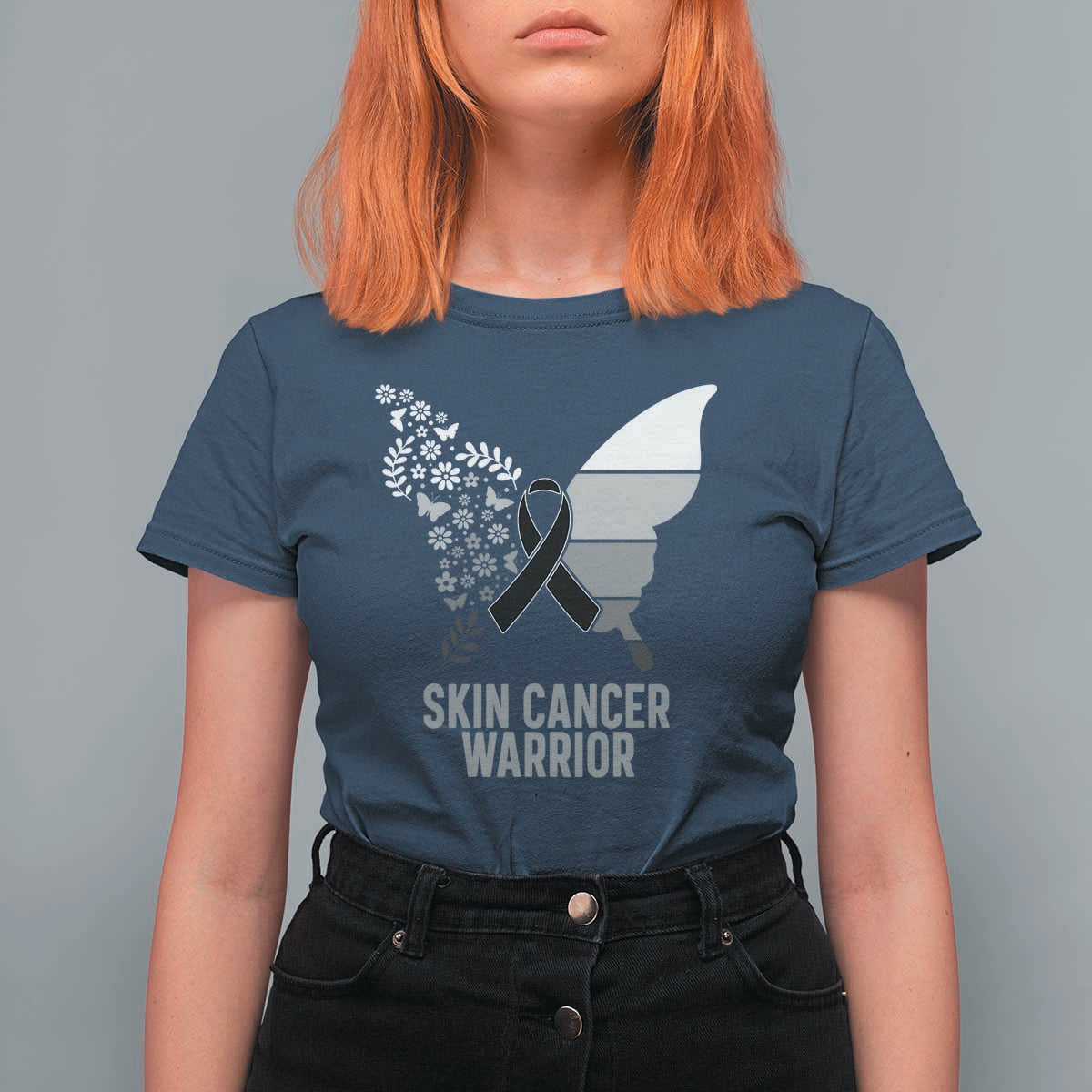 Floral Butterfly Melanoma Awarenes T Shirt For Women Black Ribbon Warrior Support Gift