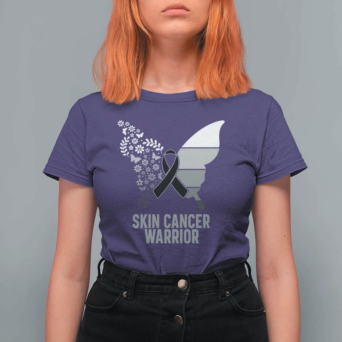 Floral Butterfly Melanoma Awarenes T Shirt For Women Black Ribbon Warrior Support Gift