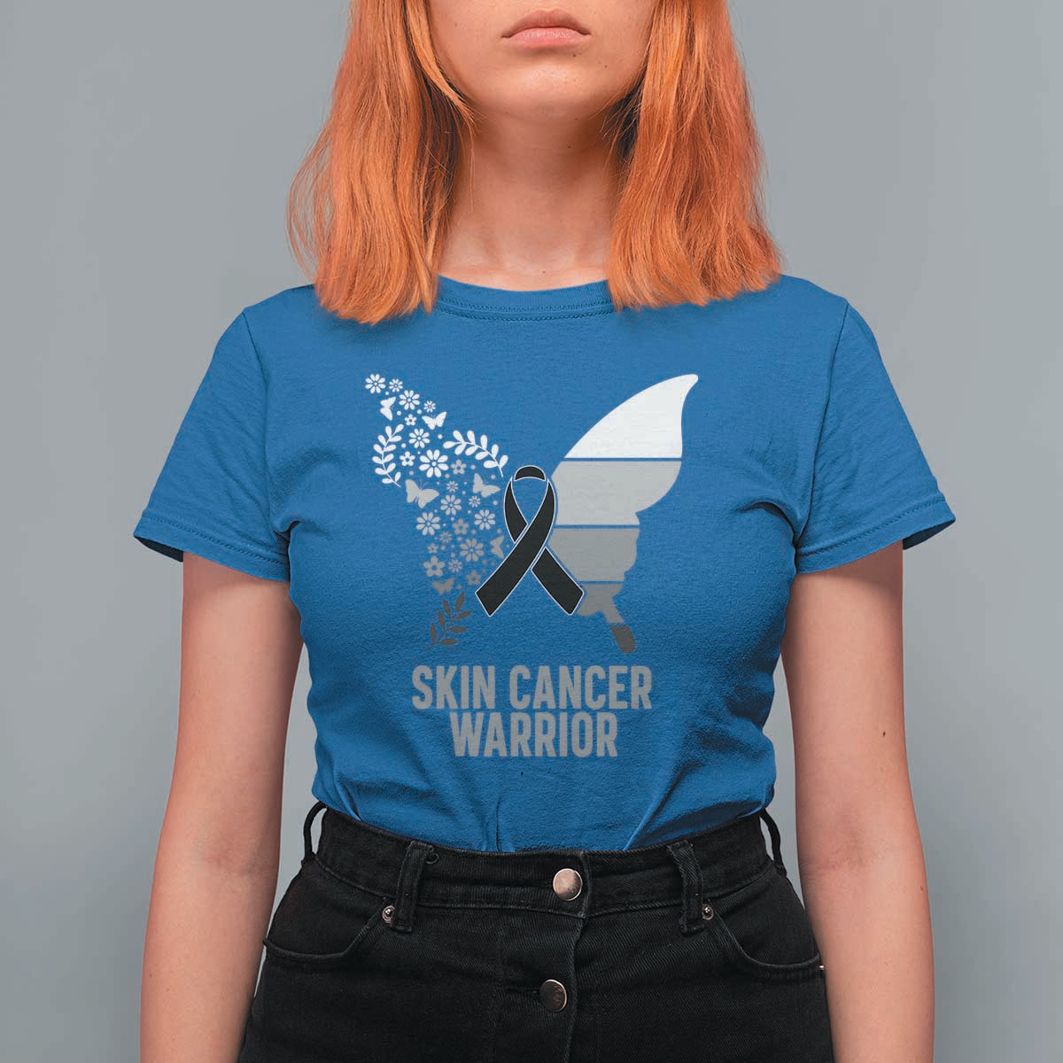 Floral Butterfly Melanoma Awarenes T Shirt For Women Black Ribbon Warrior Support Gift