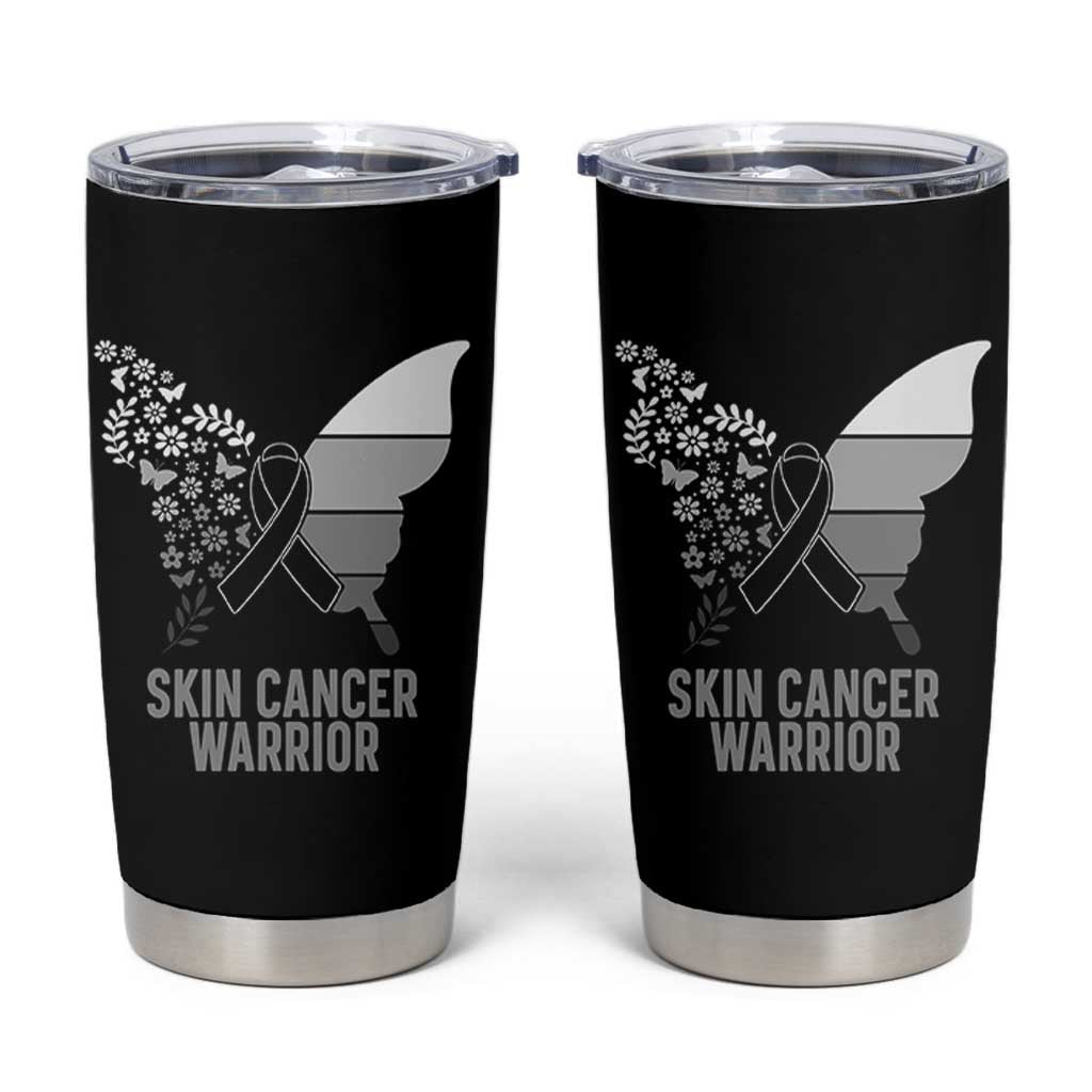 Floral Butterfly Melanoma Awarenes Tumbler Cup Black Ribbon Warrior Support Gift