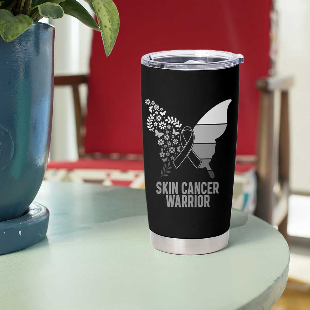 Floral Butterfly Melanoma Awarenes Tumbler Cup Black Ribbon Warrior Support Gift