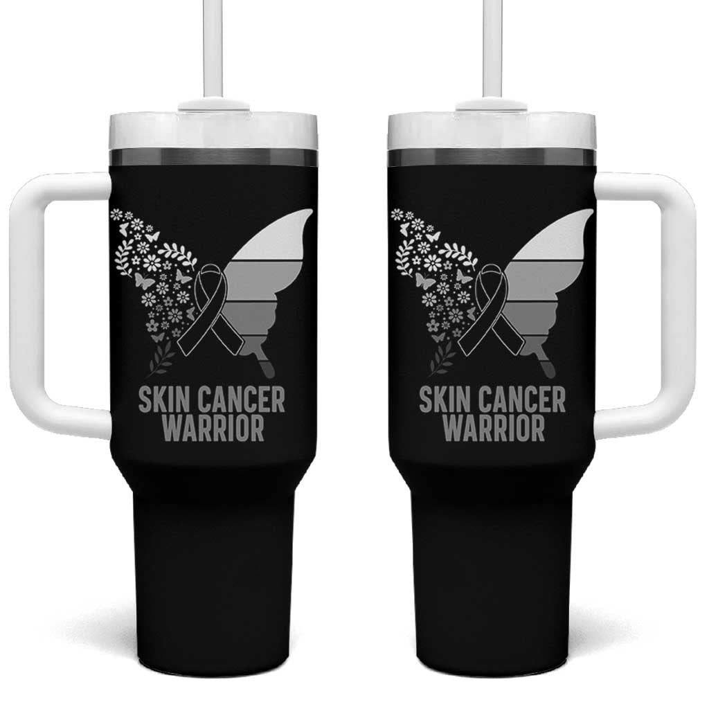 Floral Butterfly Melanoma Awarenes Tumbler With Handle Black Ribbon Warrior Support Gift