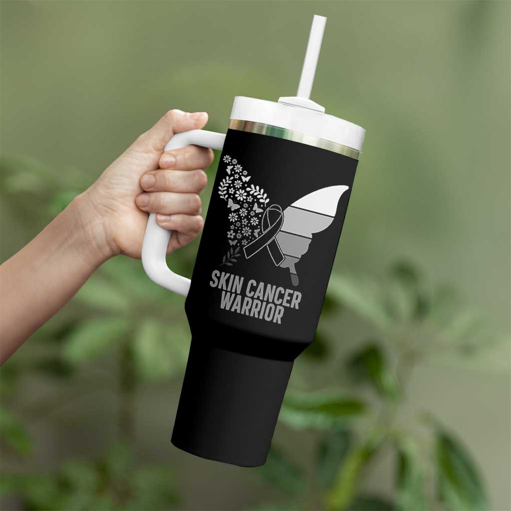 Floral Butterfly Melanoma Awarenes Tumbler With Handle Black Ribbon Warrior Support Gift