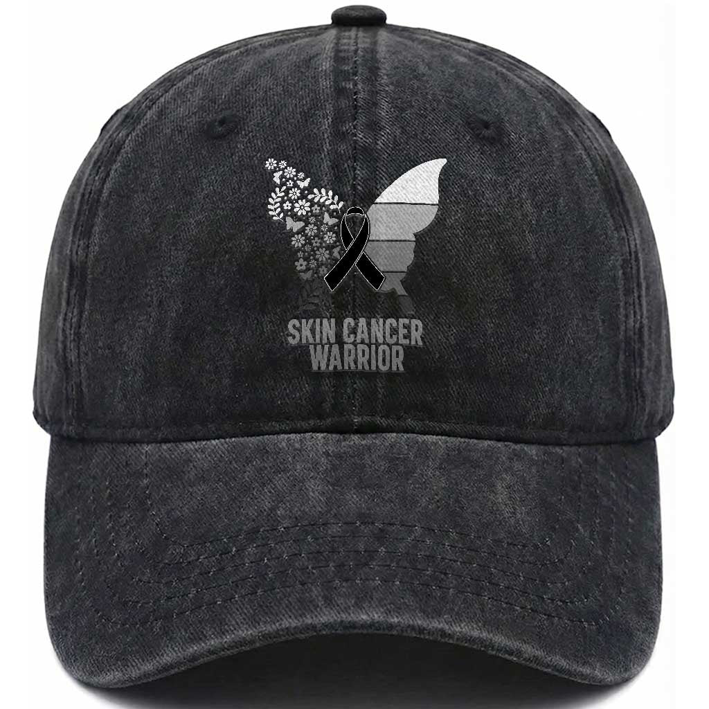 Floral Butterfly Melanoma Awarenes Washed Cotton Baseball Cap Black Ribbon Warrior Support Gift