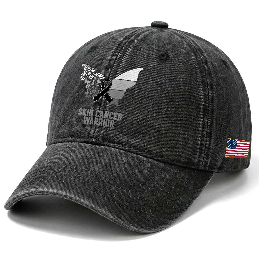 Floral Butterfly Melanoma Awarenes Washed Cotton Baseball Cap Black Ribbon Warrior Support Gift