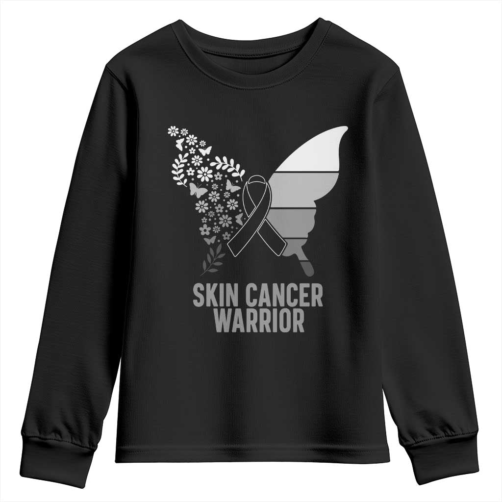 Floral Butterfly Melanoma Awarenes Youth Sweatshirt Black Ribbon Warrior Support Gift