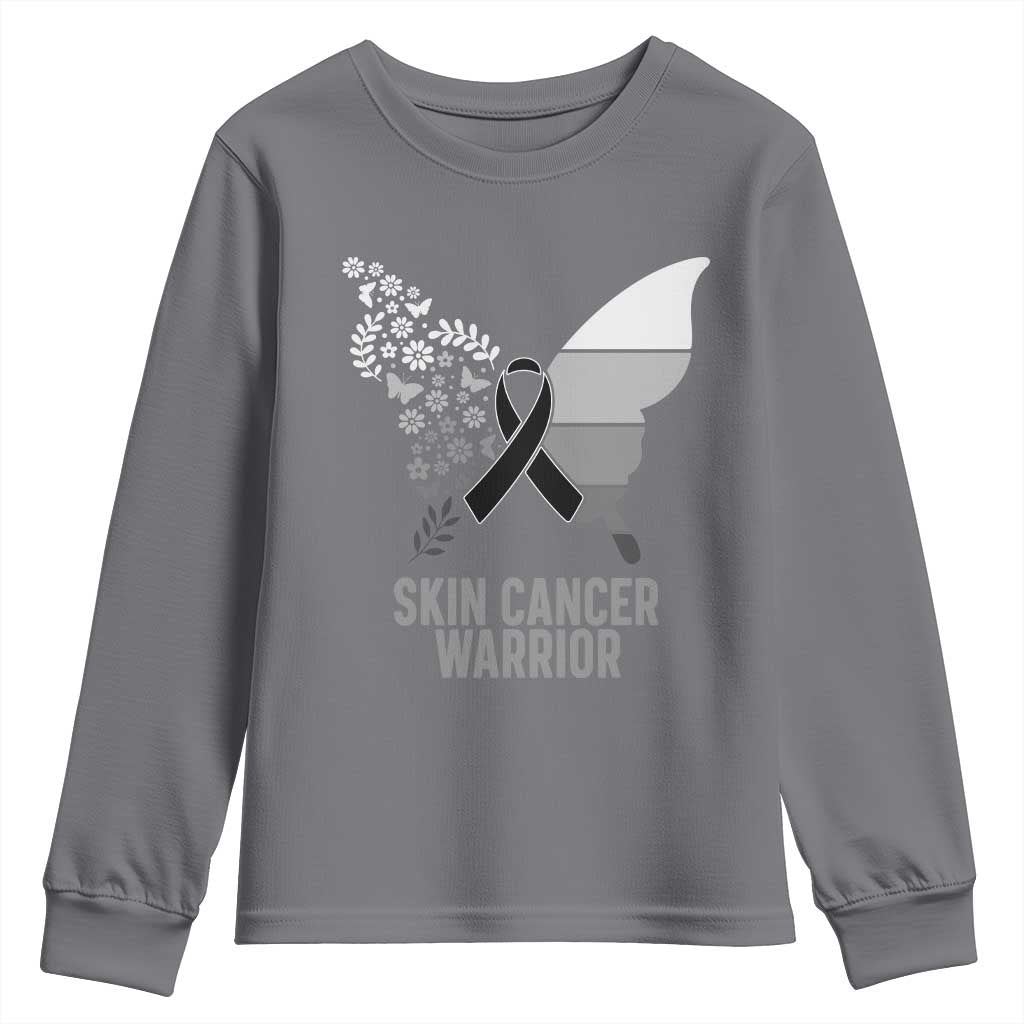 Floral Butterfly Melanoma Awarenes Youth Sweatshirt Black Ribbon Warrior Support Gift
