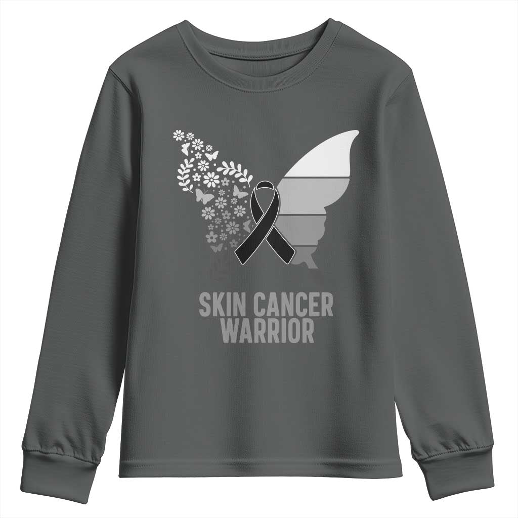Floral Butterfly Melanoma Awarenes Youth Sweatshirt Black Ribbon Warrior Support Gift