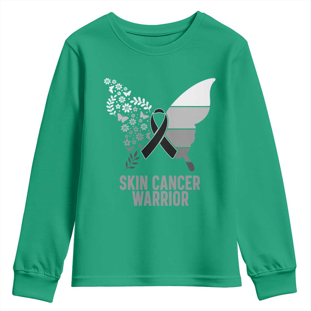 Floral Butterfly Melanoma Awarenes Youth Sweatshirt Black Ribbon Warrior Support Gift