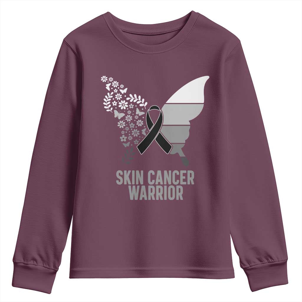Floral Butterfly Melanoma Awarenes Youth Sweatshirt Black Ribbon Warrior Support Gift