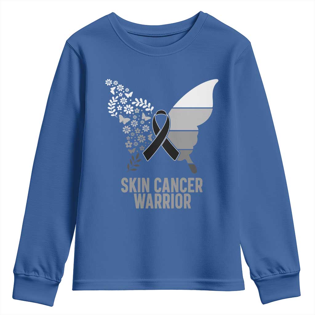 Floral Butterfly Melanoma Awarenes Youth Sweatshirt Black Ribbon Warrior Support Gift