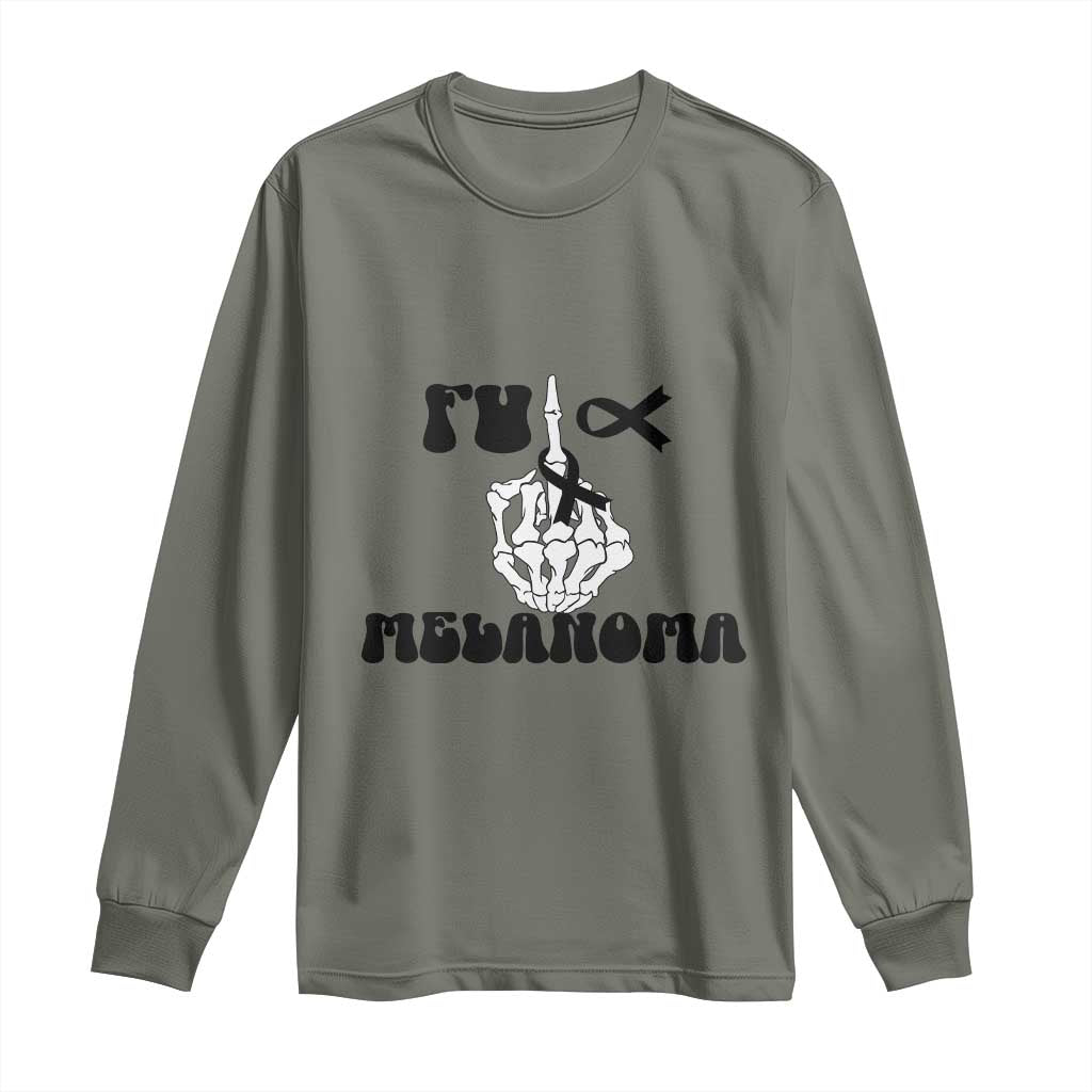 Fuck Melanoma Awareness Long Sleeve Shirt Skeleton Hand Ribbon Warrior Gift