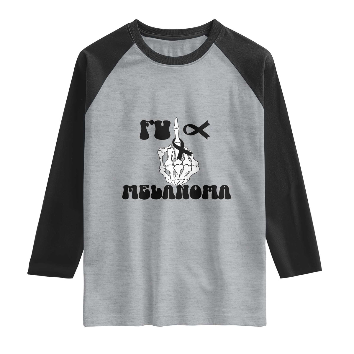 Fuck Melanoma Awareness Raglan Shirt Skeleton Hand Ribbon Warrior Gift