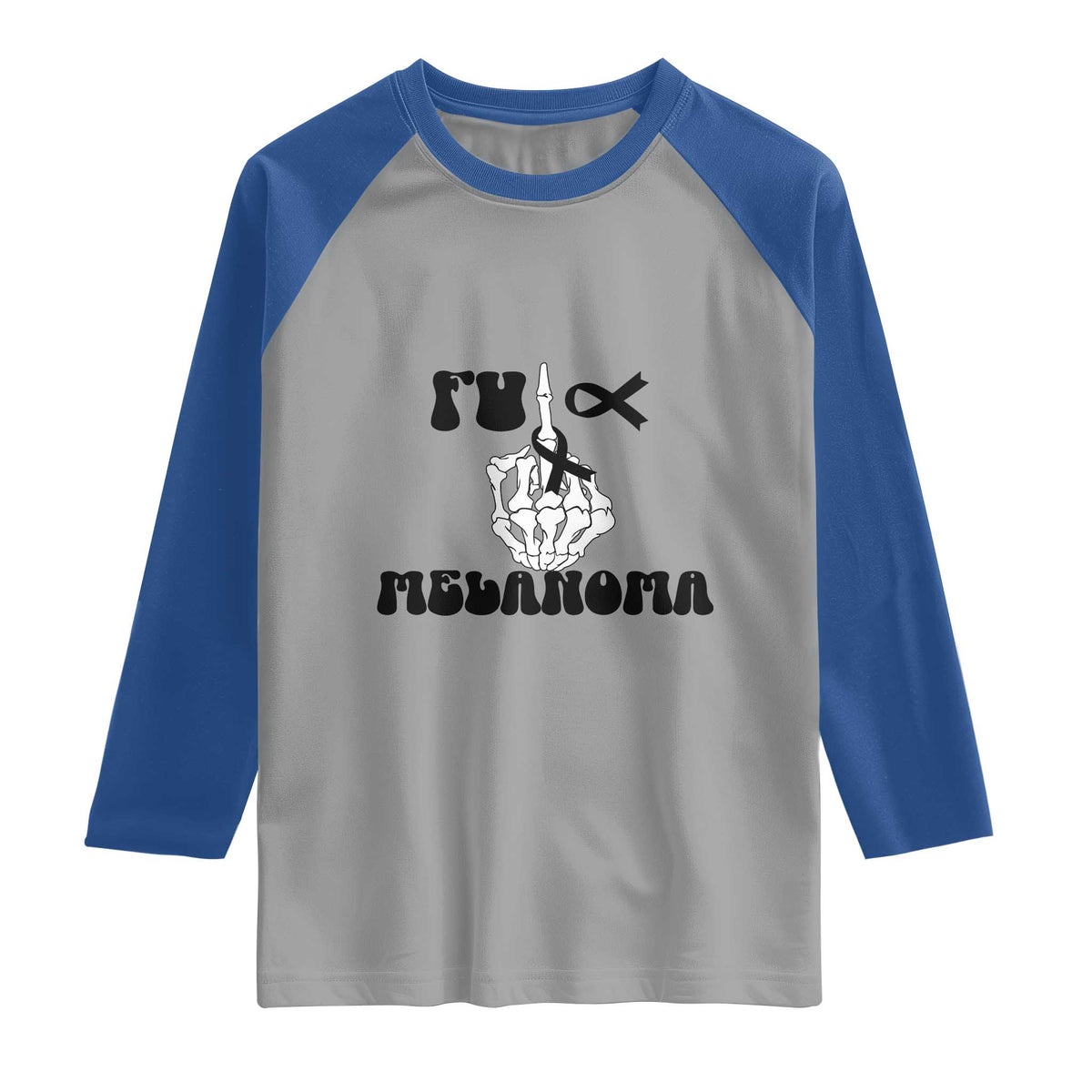 Fuck Melanoma Awareness Raglan Shirt Skeleton Hand Ribbon Warrior Gift