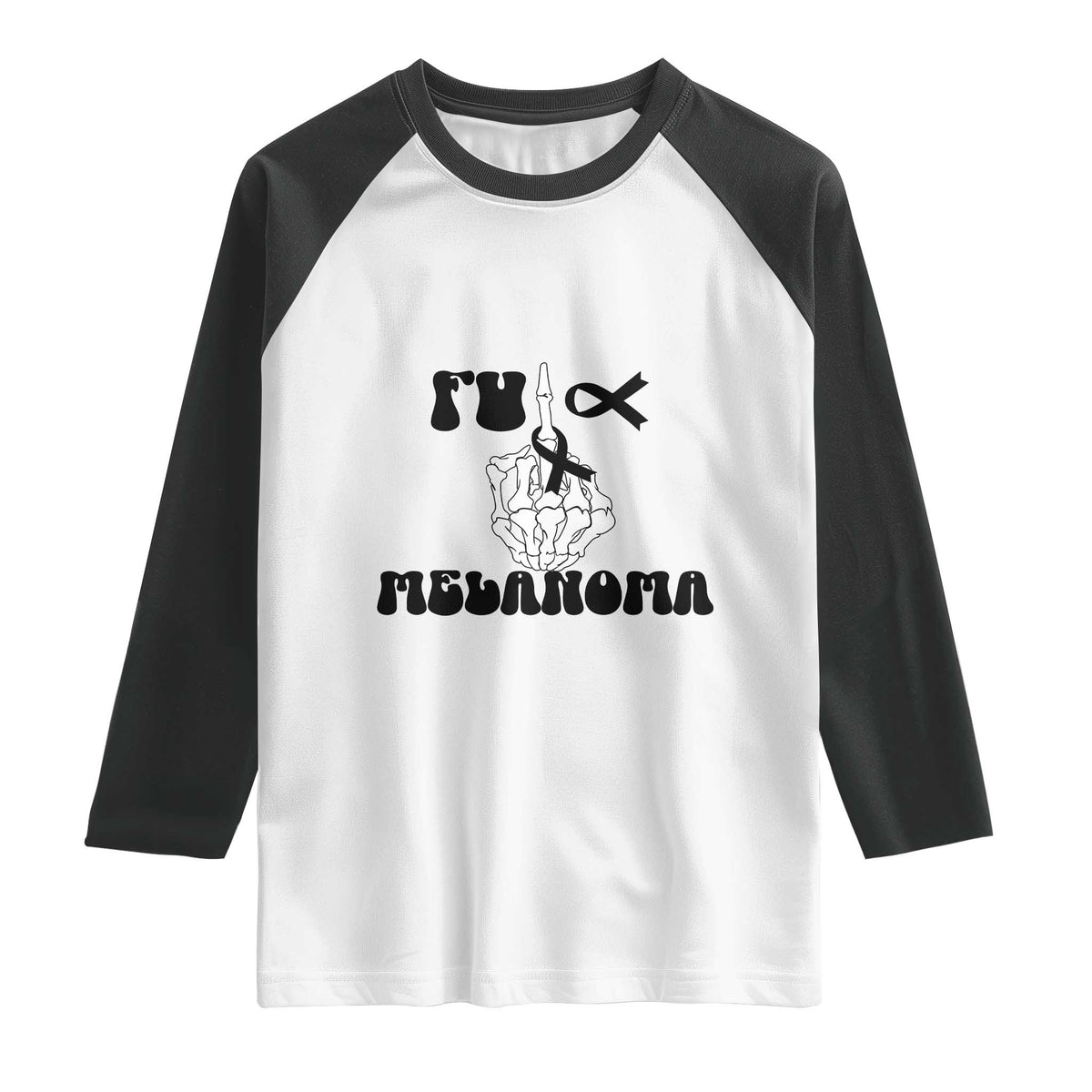 Fuck Melanoma Awareness Raglan Shirt Skeleton Hand Ribbon Warrior Gift
