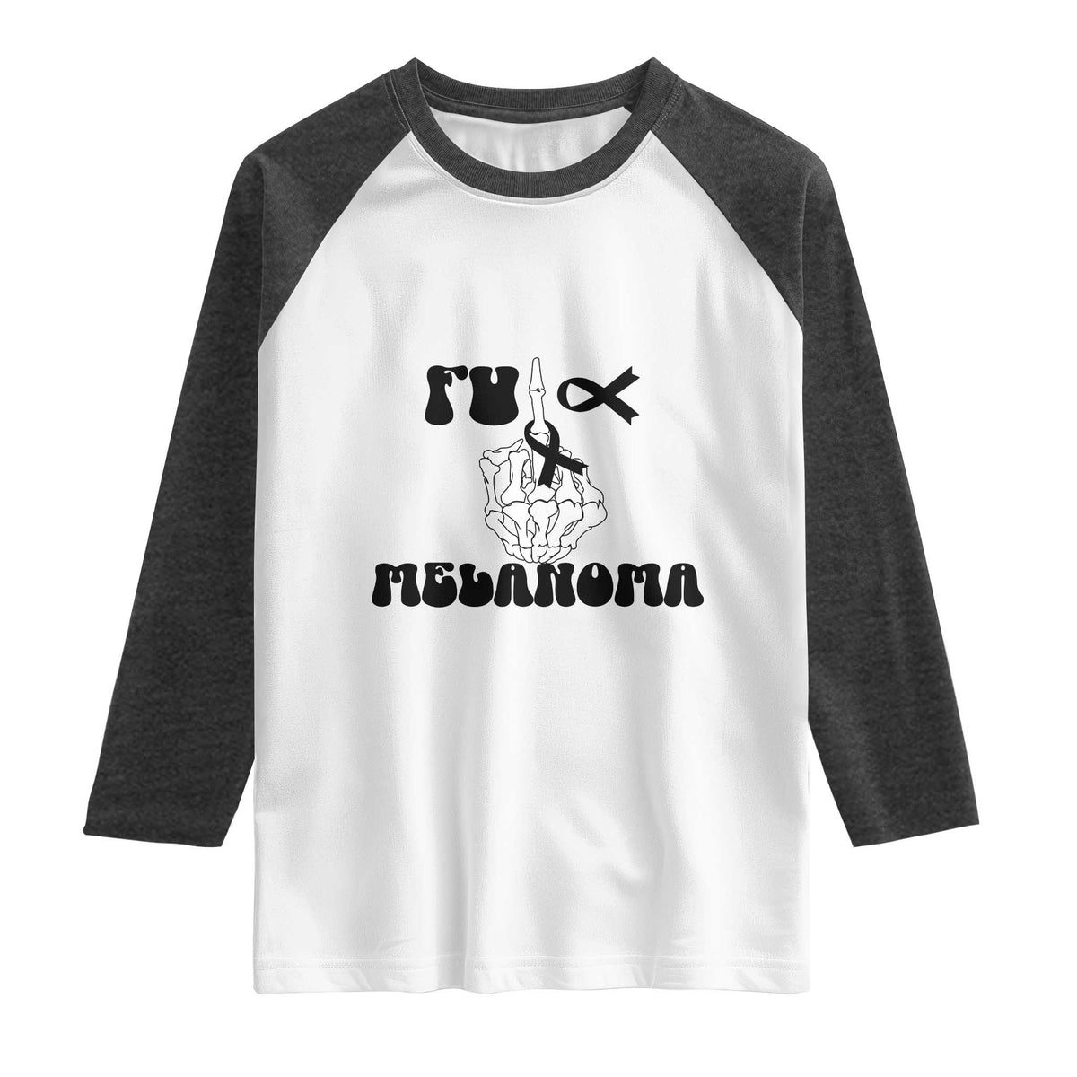 Fuck Melanoma Awareness Raglan Shirt Skeleton Hand Ribbon Warrior Gift