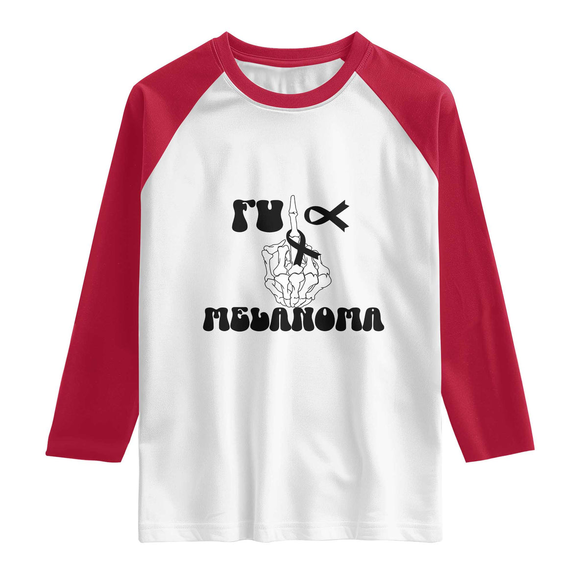 Fuck Melanoma Awareness Raglan Shirt Skeleton Hand Ribbon Warrior Gift