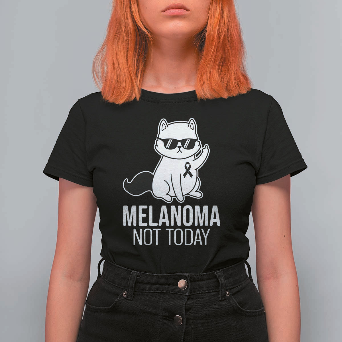 Melanoma Fighter Cat T Shirt For Women Not Today Skin Cancer Awareness