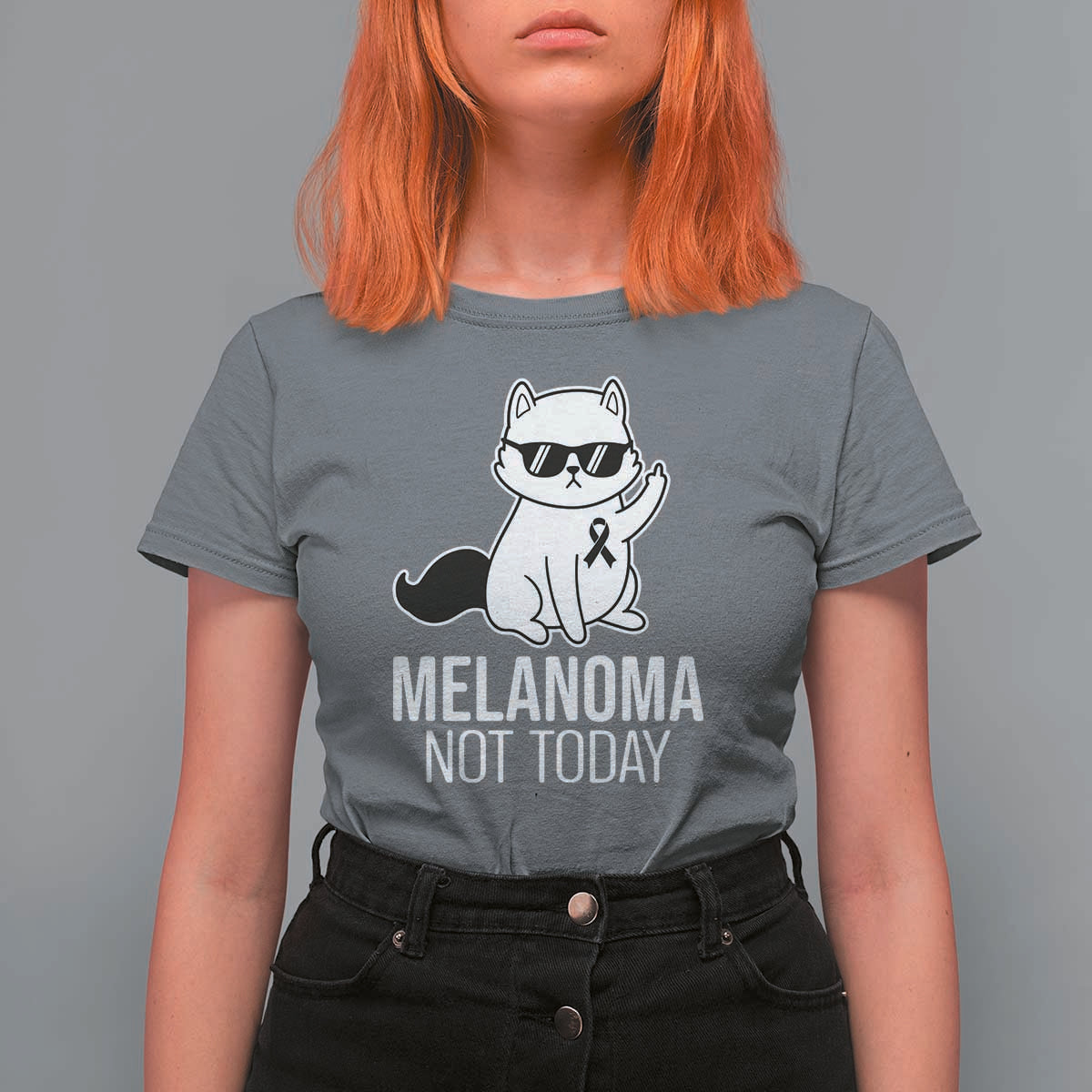 Melanoma Fighter Cat T Shirt For Women Not Today Skin Cancer Awareness