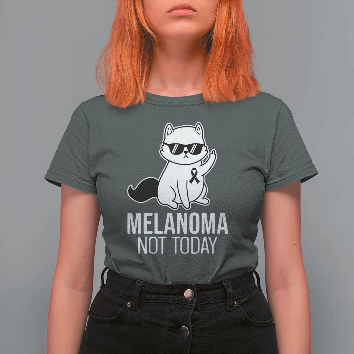 Melanoma Fighter Cat T Shirt For Women Not Today Skin Cancer Awareness