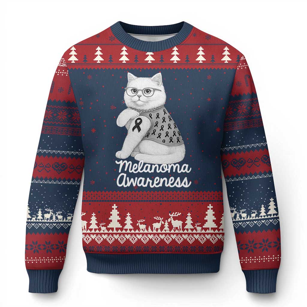 British Shorthair Skin Cancer Awareness Ugly Christmas Sweater Melanoma Fighter Cat Gift