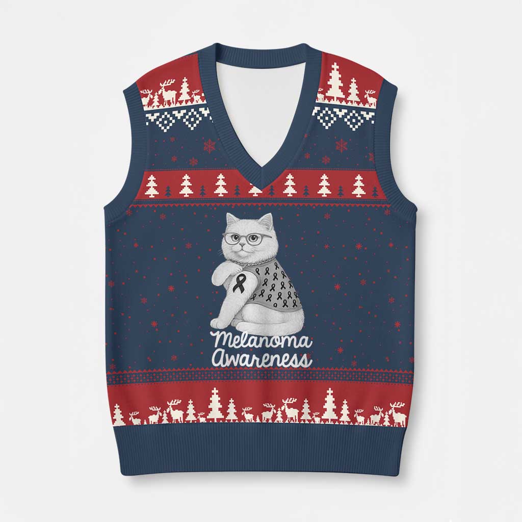 British Shorthair Skin Cancer Awareness V-Neck Knit Sweater Vest Melanoma Fighter Cat Gift