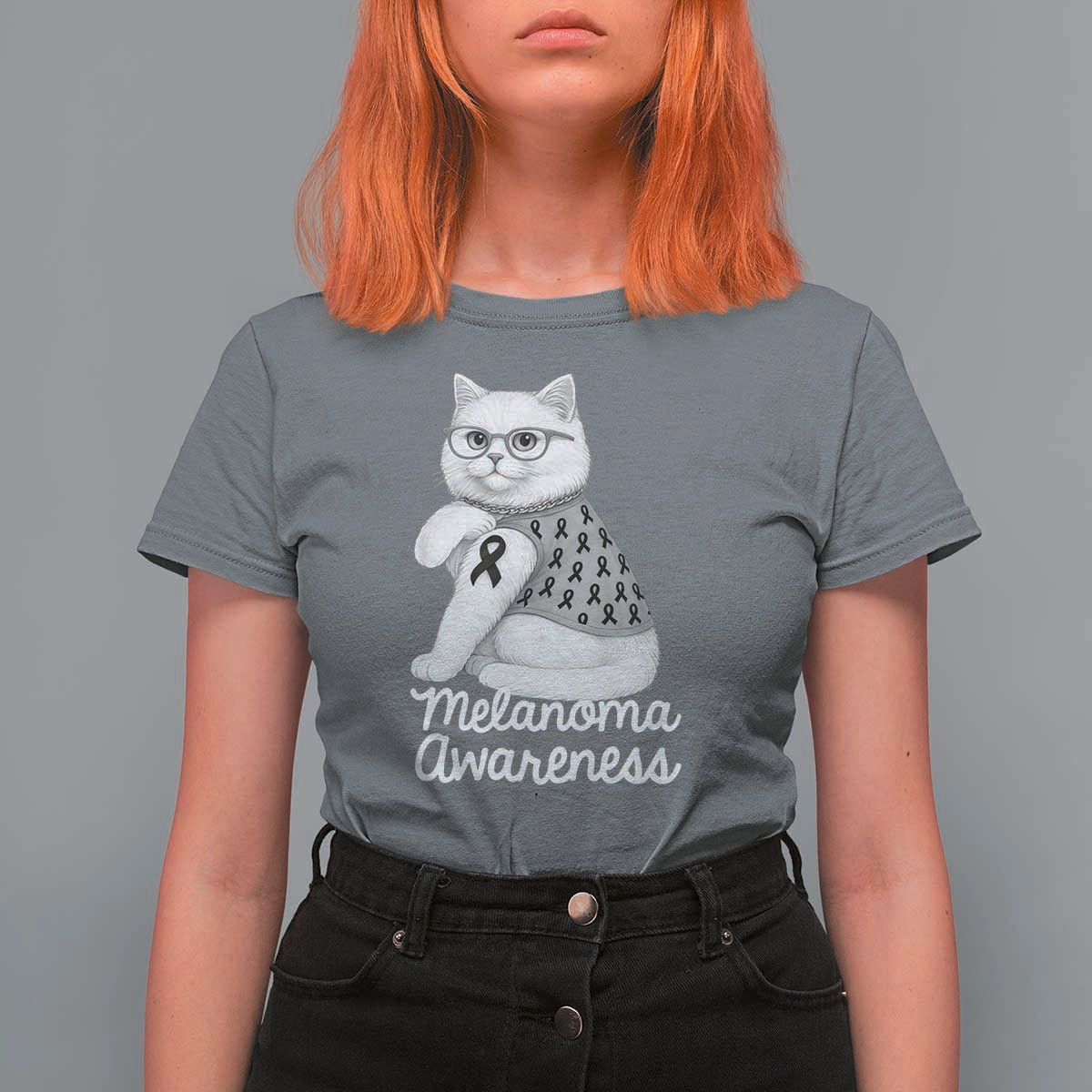 British Shorthair Skin Cancer Awareness T Shirt For Women Melanoma Fighter Cat Gift